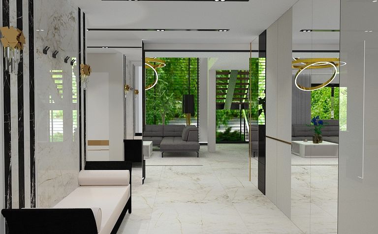 Przedpokój w stylu glamour i nowoczesnym z białymi ścianami i czarnymi detalami.