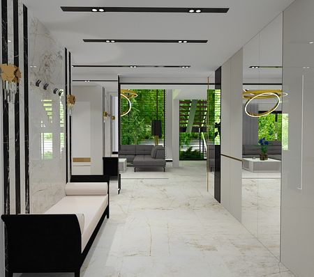 Przedpokój w stylu glamour i nowoczesnym z białymi ścianami i czarnymi detalami.