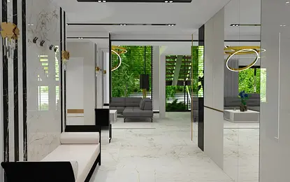 Przedpokój w stylu glamour i nowoczesnym z białymi ścianami i czarnymi detalami.