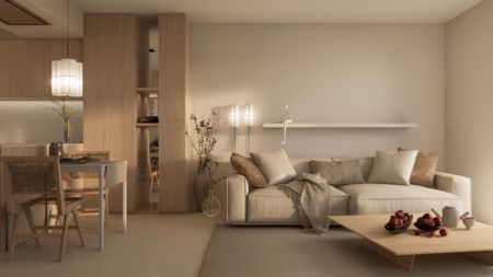 Wnętrze salonu w stylu japandi, minimalistycznym i soft minimalizm z jasnymi meblami.