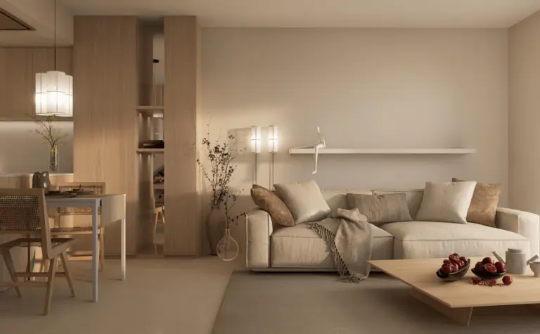 Wnętrze salonu w stylu japandi, minimalistycznym i soft minimalizm z jasnymi meblami.