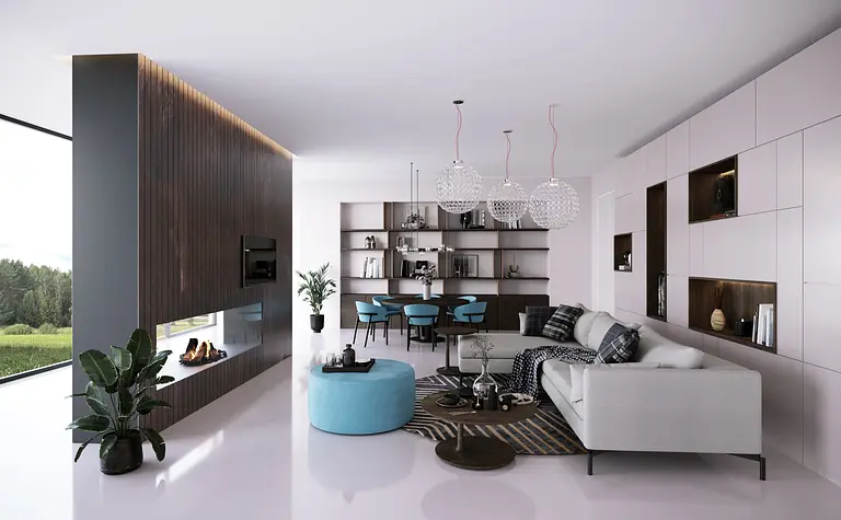 Nowoczesny salon z szarym narożnikiem, niebieskimi dodatkami i kominkiem.