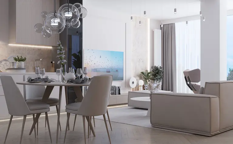 Wnętrze jadalni w stylach art deco i minimalistycznym z białymi meblami.