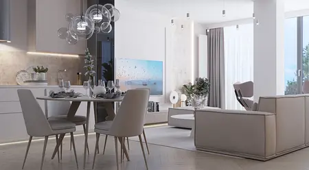 Wnętrze jadalni w stylach art deco i minimalistycznym z białymi meblami.