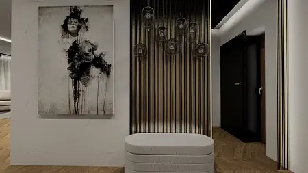 Przedpokój z minimalistycznym oświetleniem i art deco obrazem na ścianie.