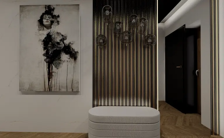 Przedpokój z minimalistycznym oświetleniem i art deco obrazem na ścianie.
