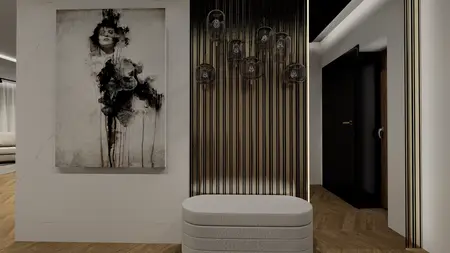 Przedpokój z minimalistycznym oświetleniem i art deco obrazem na ścianie.