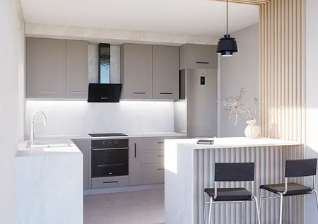Kuchnia minimalistyczna z szarymi meblami i białym blatem.