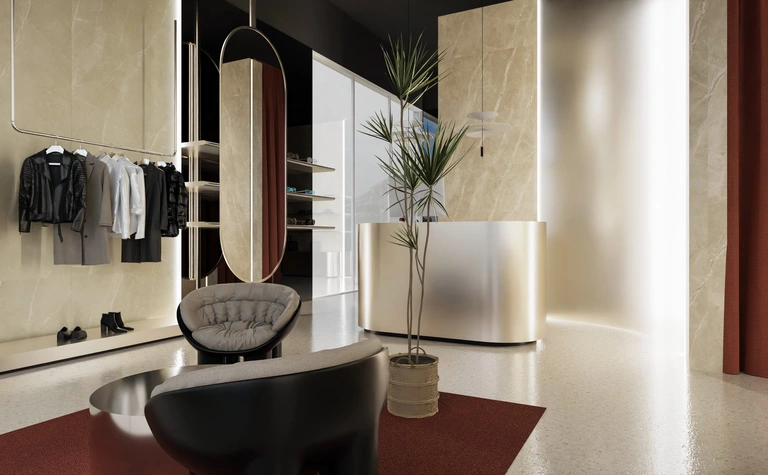 Wnętrze garderoby z minimalistycznym designem, elementy glamour, modernistyczne akcenty.