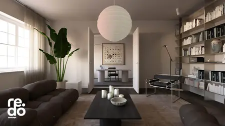 Wnętrze salonu w stylu minimalistycznym z rośliną i nowoczesnym stolikiem.