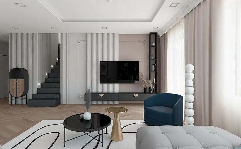 Wnętrze salonu w stylu art deco, dopamine decor, glamour, nowoczesny, quiet luxury, soft minimalizm.
