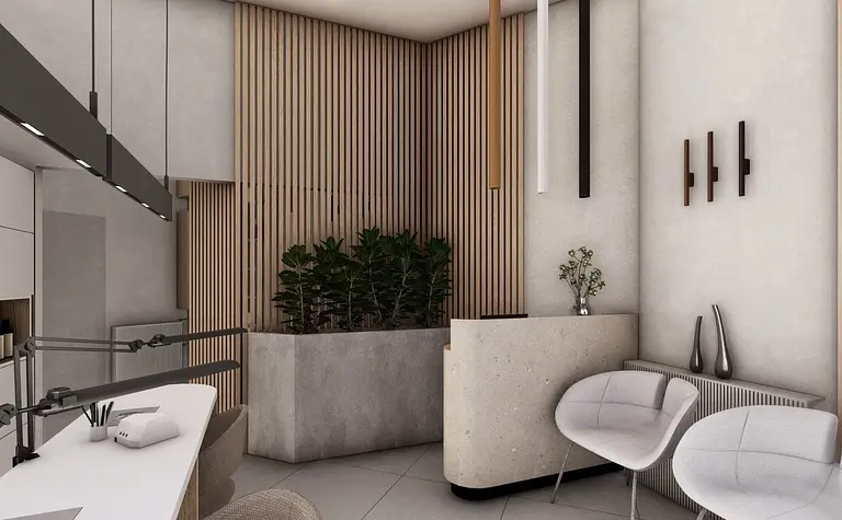 Nowoczesne biuro w stylu boho, japandi i minimalistycznym z roślinami.
