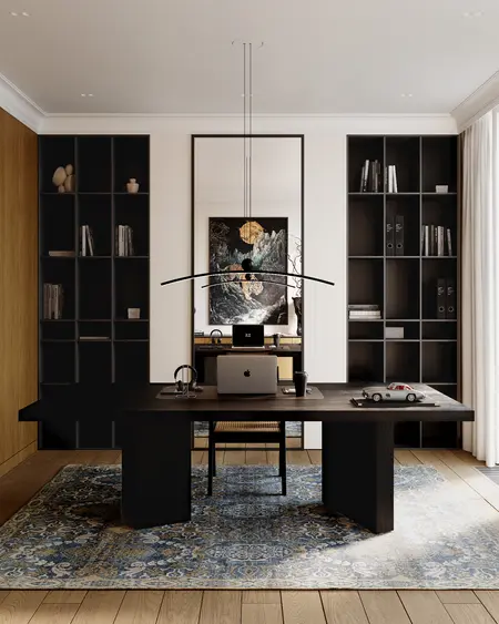 Gabinet w stylu quiet luxury z czarnym biurkiem, drewnianymi akcentami i nowoczesnymi dodatkami.