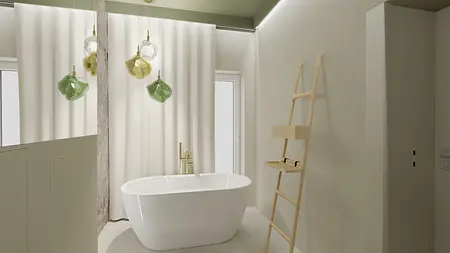 Nowoczesna łazienka z białą wanną i zielonymi lampami w stylu boho i japandi.