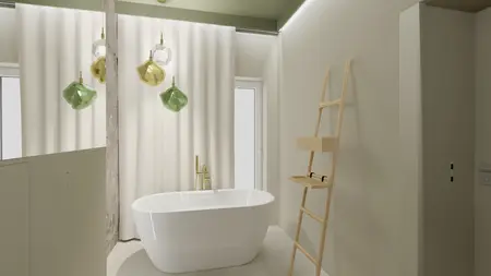 Nowoczesna łazienka z białą wanną i zielonymi lampami w stylu boho i japandi.