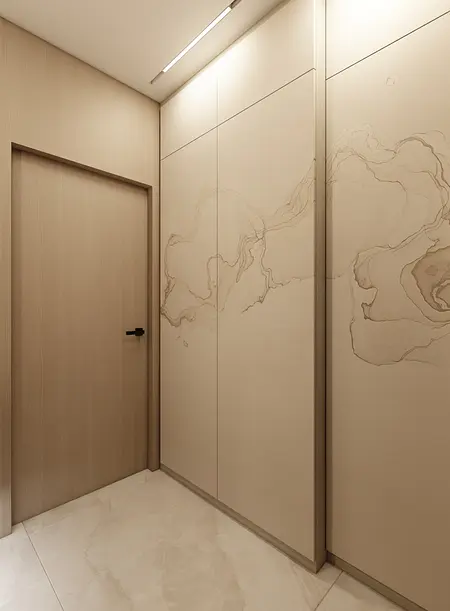 Nowoczesny hol w stylu japandi z drewnianymi ścianami i minimalistycznymi detalami.