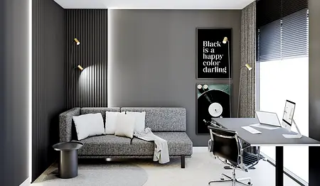 Wnętrze biura w stylu minimalistycznym z szarymi ścianami i nowoczesnym biurkiem.