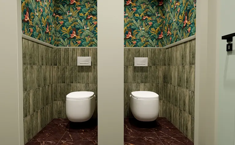 Wnętrze toalety z roślinnym wzorem i nowoczesnymi toaletami.