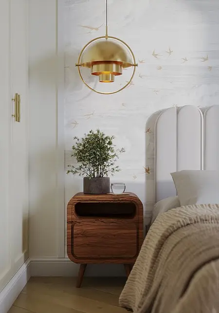 Sypialnia w stylu art deco i eklektycznym z drewnianym stolikiem nocnym i lampą.