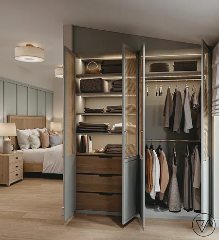 Garderoba w stylu rustykalnym z szarymi meblami, oświetleniem LED i drewnianymi detalami.