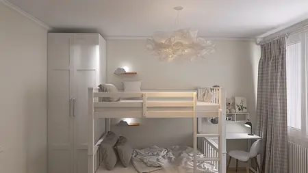 Pokój dziecięcy z piętrowym łóżkiem, biurkiem i szafą, w stylu nowoczesnym i skandynawskim.