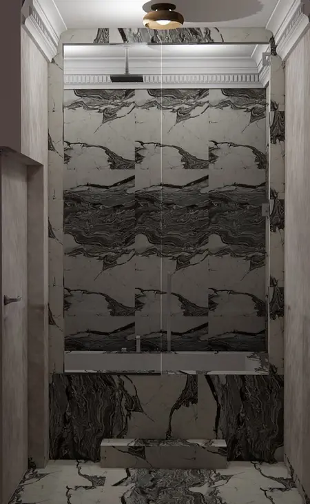 Wnętrze łazienki z marmurowymi płytkami, nowoczesną kabiną prysznicową, styl art deco i glamour.