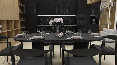 Wnętrze jadalni z czarnym stołem, drewnianymi meblami i kwiatami w wazonie. Styl minimalistyczny, nowoczesny.