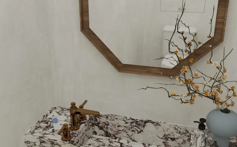 Wnętrze łazienki z marmurową umywalką, drewnianym lustrem oraz dodatkami w stylu art deco, minimaluxe, quiet luxury.
