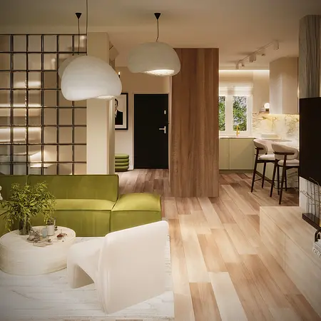 Wnętrze salonu w stylu boho i eklektycznym z zieloną sofą.