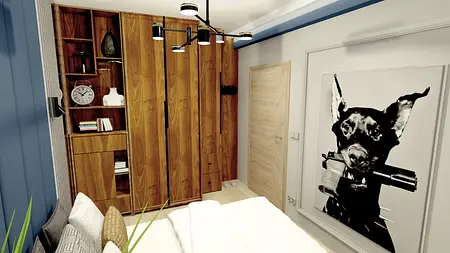 Garderoba w stylu industrialnym z drewnianymi meblami i białymi detalami.