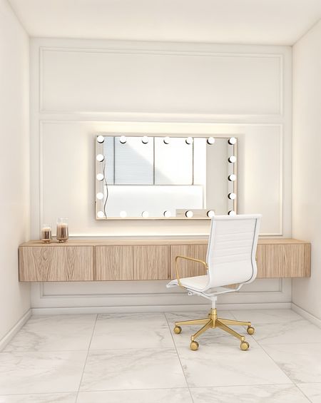 Kącik kosmetyczny z białym krzesłem i drewnianym blatem, nowoczesne wnętrze.