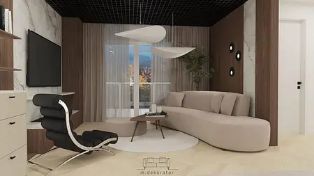 Wnętrze salonu minimalistycznego z beżową sofą i drewnianymi detalami.