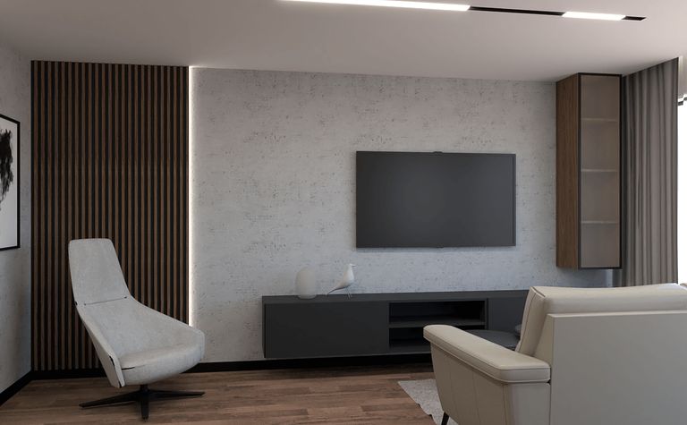 Nowoczesny salon w soft minimalizmie z szarymi ścianami i drewnianymi detalami.