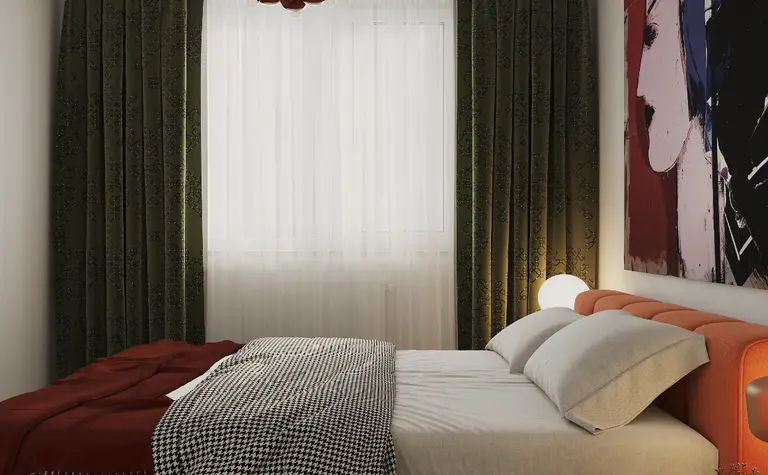 Sypialnia w stylu art deco z pomarańczowym łóżkiem, zielonymi zasłonami i industrialnym oświetleniem.