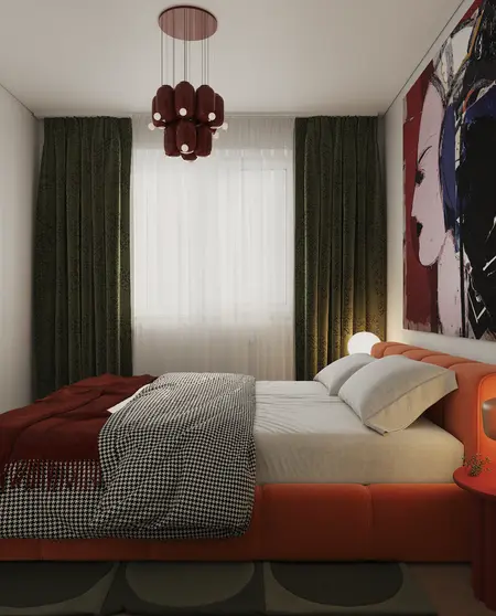 Sypialnia w stylu art deco z pomarańczowym łóżkiem, zielonymi zasłonami i industrialnym oświetleniem.
