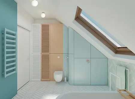 Wnętrze łazienki w stylu minimalistycznym z niebieskimi ścianami i drewnianymi elementami.