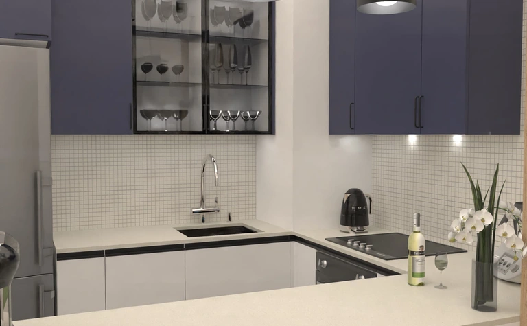 Kuchnia w stylu dopamine decor i soft minimalizm z granatowymi meblami