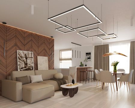 Wnętrze salonu w stylu glamour i japandi z drewnianymi akcentami.