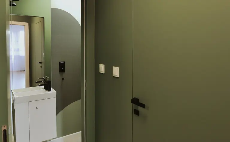 Minimalistyczny przedpokój z zielonymi ścianami, białą umywalką i czarnymi akcentami.