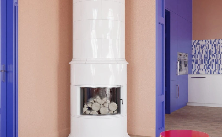 Wnętrze salonu z białym kominkiem, różowymi meblami i niebieskimi detalami w stylu dopamine decor.