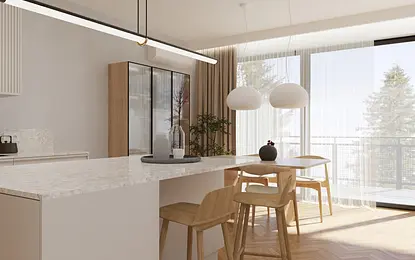 Wnętrze kuchni w stylu japandi z nowoczesnymi meblami i soft minimalizmem.