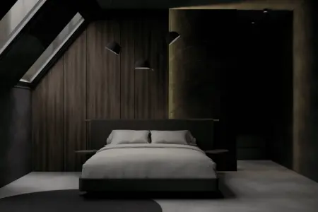 Sypialnia w stylu art deco i skandynawskim z drewnianym łóżkiem