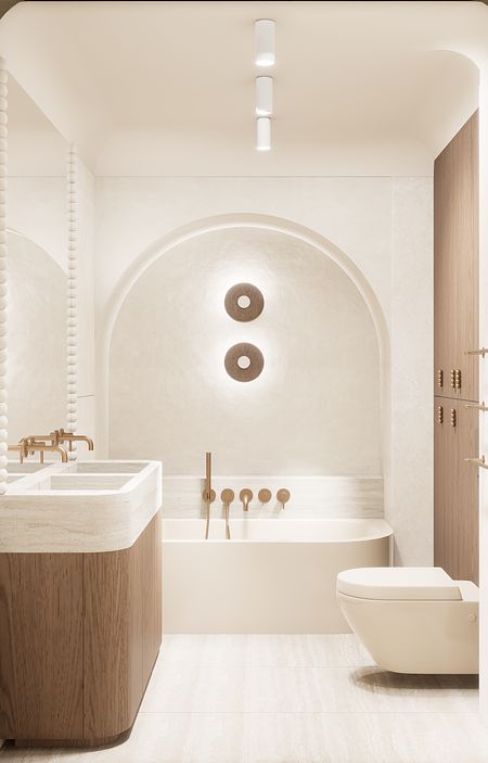 Wnętrze łazienki w stylu japandi z białymi i drewnianymi elementami.