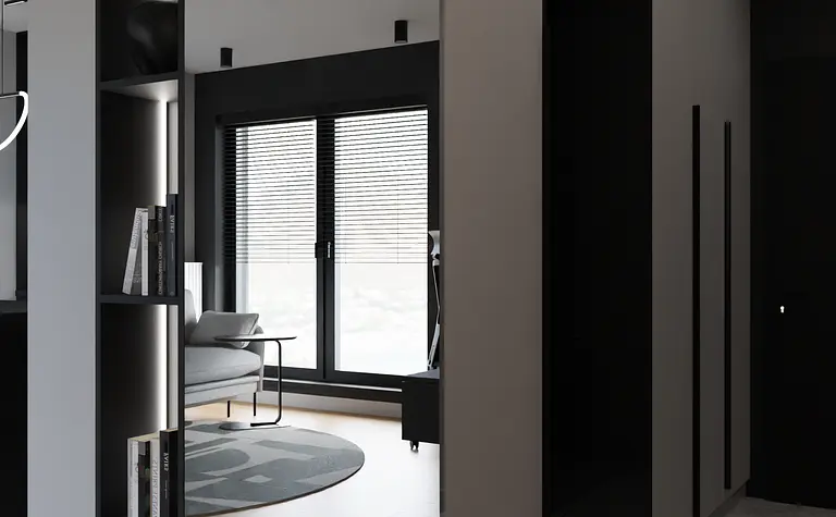 Minimalistyczny przedpokój z czarnymi akcentami, jasnymi ścianami i nowoczesnymi meblami.