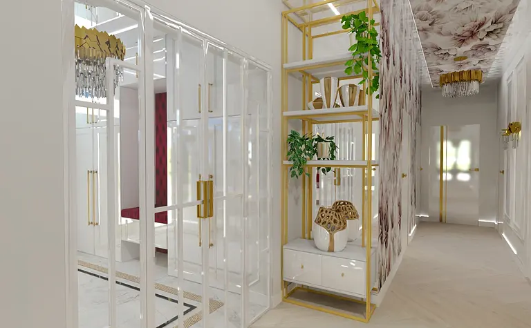 Przedpokój z białymi meblami, złotymi elementami i roślinnością w stylu glamour.