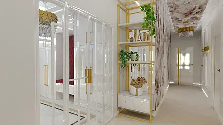 Przedpokój z białymi meblami, złotymi elementami i roślinnością w stylu glamour.