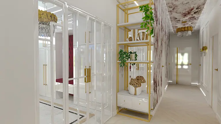 Przedpokój z białymi meblami, złotymi elementami i roślinnością w stylu glamour.