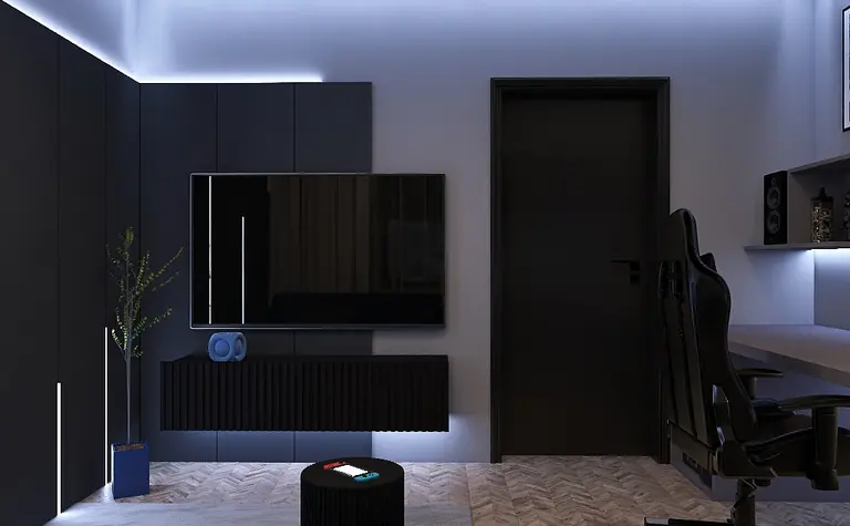 Biuro z ciemnymi meblami, telewizorem i rośliną