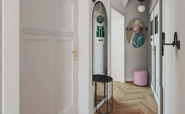 Przedpokój z lustrem, drewnianą podłogą i dekoracjami dopamine decor.