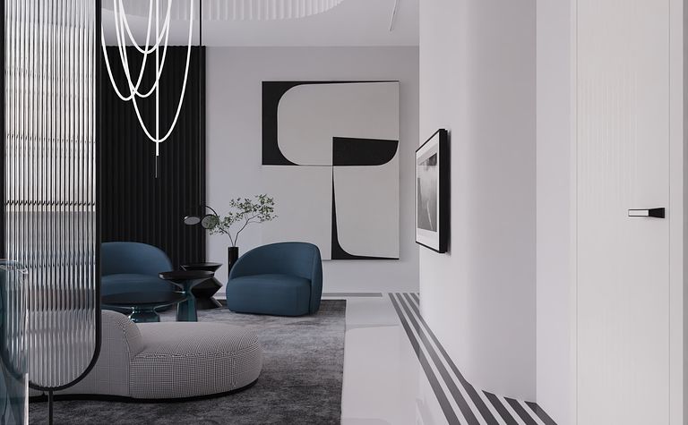 Wnętrze nowoczesnego salonu w stylu art deco z niebieskimi fotelami i szarym dywanem.